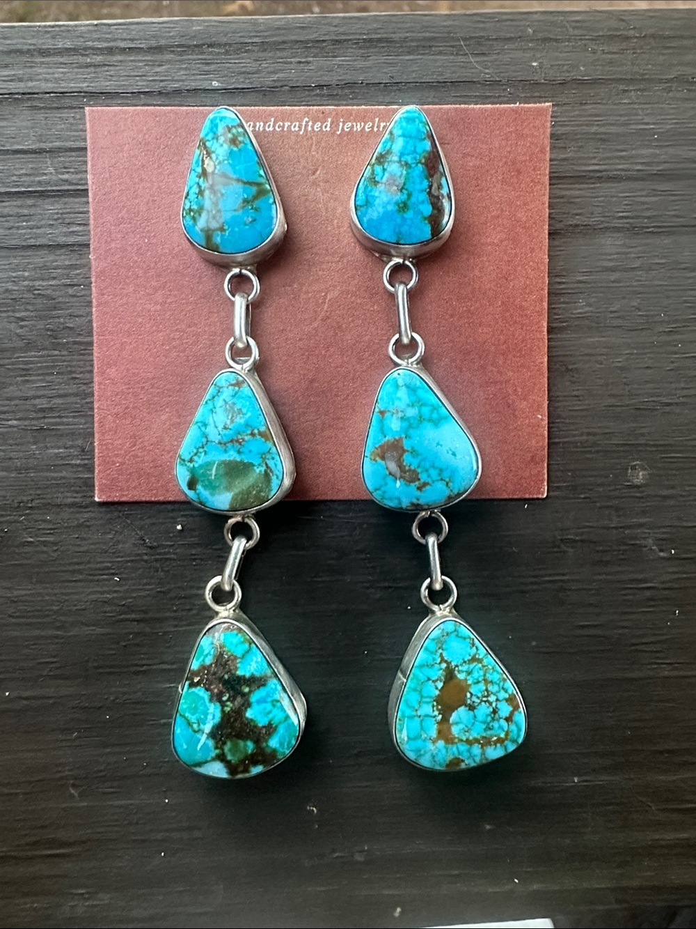 Navajo Latricia Largo Kingman Turquoise Sterling Silver Earrings - Picture 3 of 5